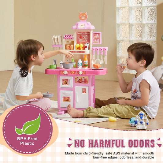 Kids Kitchen Playset with 48-Piece Accessories, Compact Design, Pink