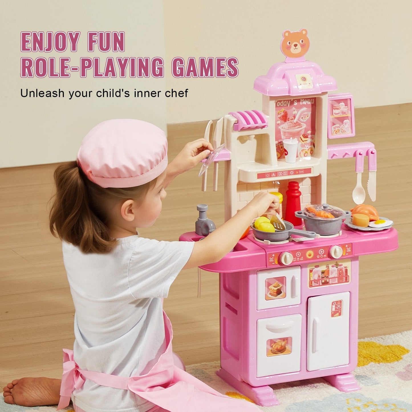 Kids Kitchen Playset with 48-Piece Accessories, Compact Design, Pink