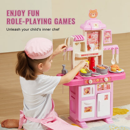 Kids Kitchen Playset with 48-Piece Accessories, Compact Design, Pink