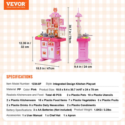 Kids Kitchen Playset with 48-Piece Accessories, Compact Design, Pink