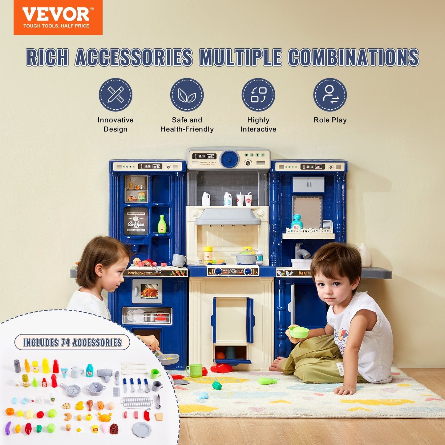 Kids' Modular Play Kitchen Set with 74 Accessories, Blue, 7 kg, 1.28 x 0.29 x 0.9 m