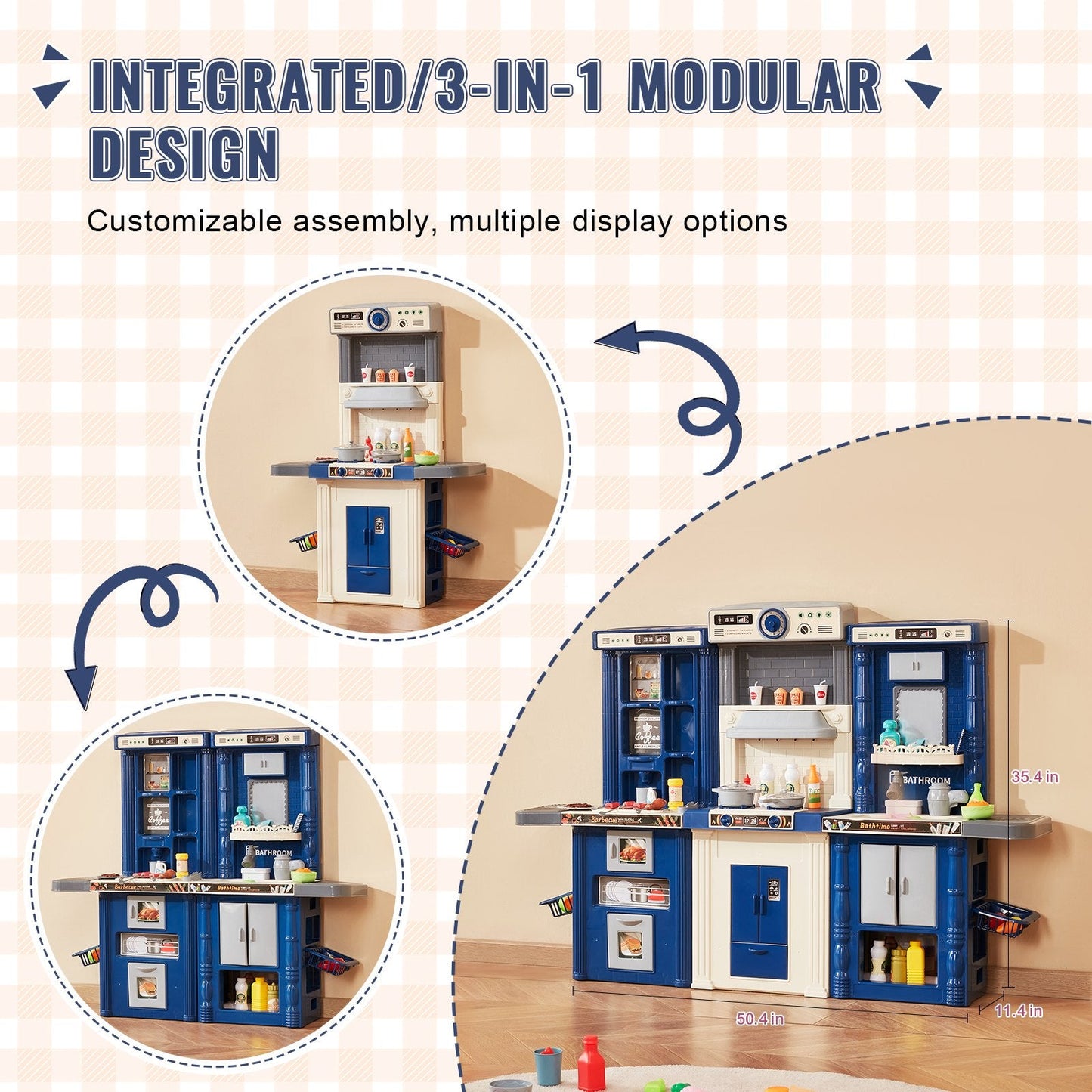 Kids' Modular Play Kitchen Set with 74 Accessories, Blue, 7 kg, 1.28 x 0.29 x 0.9 m