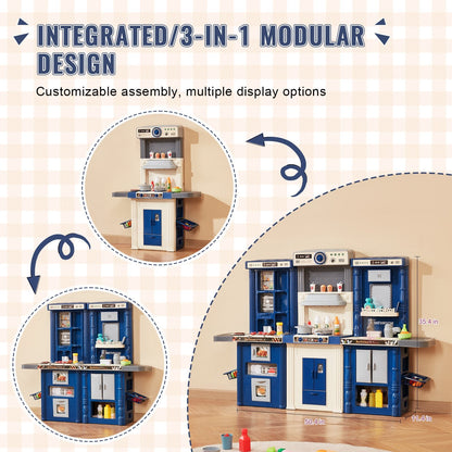Kids' Modular Play Kitchen Set with 74 Accessories, Blue, 7 kg, 1.28 x 0.29 x 0.9 m