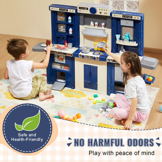 Kids' Modular Play Kitchen Set with 74 Accessories, Blue, 7 kg, 1.28 x 0.29 x 0.9 m