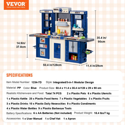 Kids' Modular Play Kitchen Set with 74 Accessories, Blue, 7 kg, 1.28 x 0.29 x 0.9 m