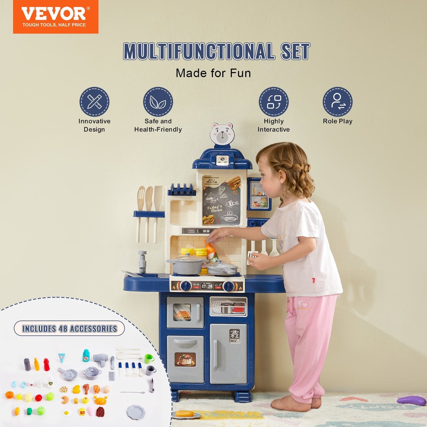 Kids' Blue Kitchen Playset with 48-Piece Accessories, 47 x 24 x 78 cm