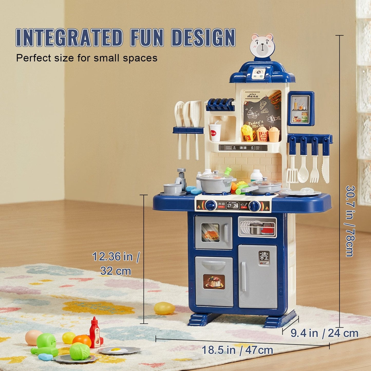 Kids' Blue Kitchen Playset with 48-Piece Accessories, 47 x 24 x 78 cm