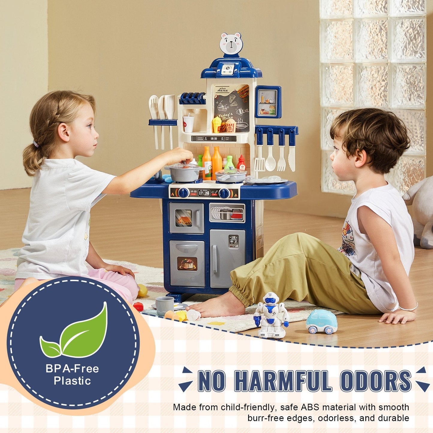 Kids' Blue Kitchen Playset with 48-Piece Accessories, 47 x 24 x 78 cm