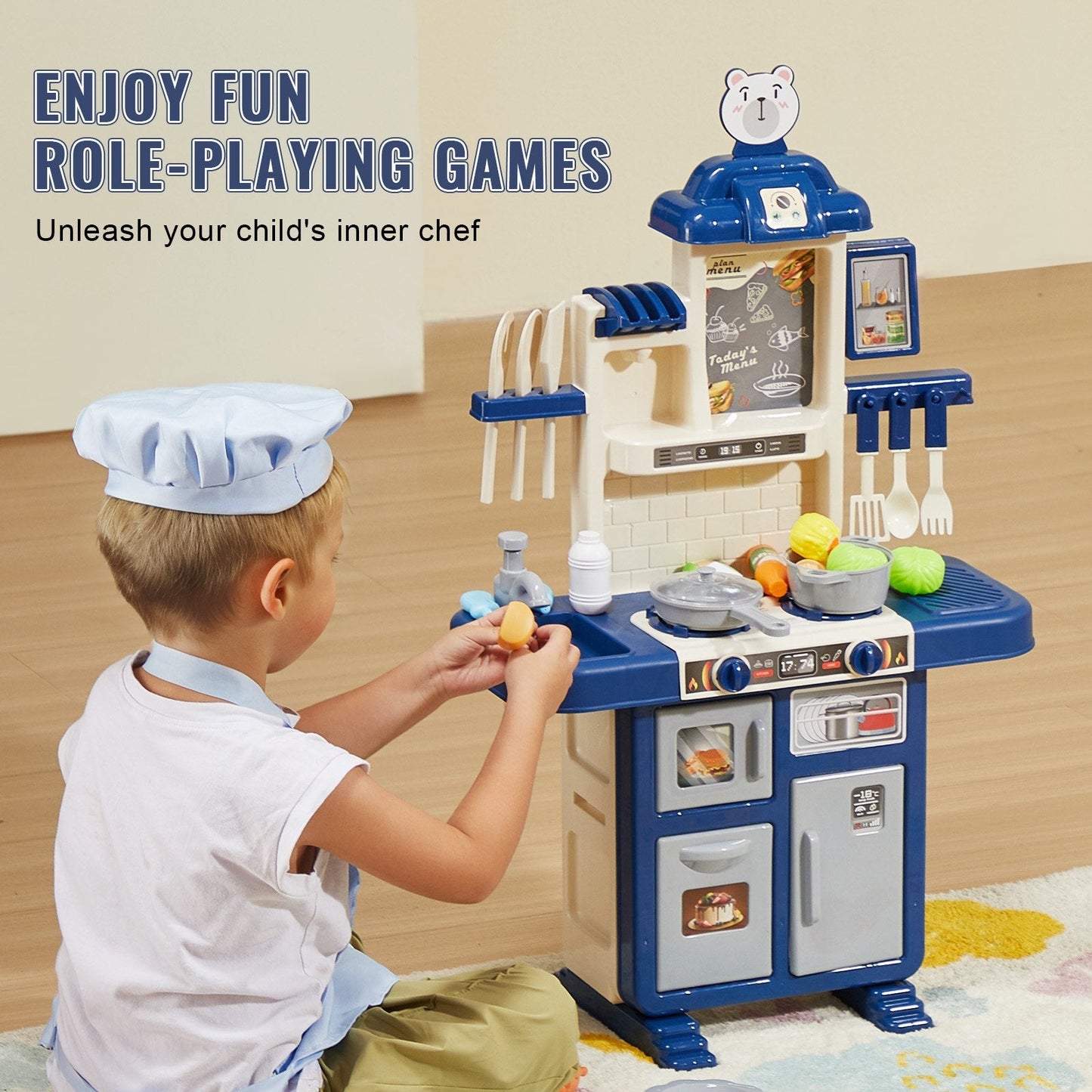 Kids' Blue Kitchen Playset with 48-Piece Accessories, 47 x 24 x 78 cm