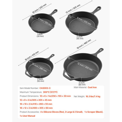 4 Piece Cast Iron Skillet Frying Pan Set 155 205 260 305 mm Handle Black