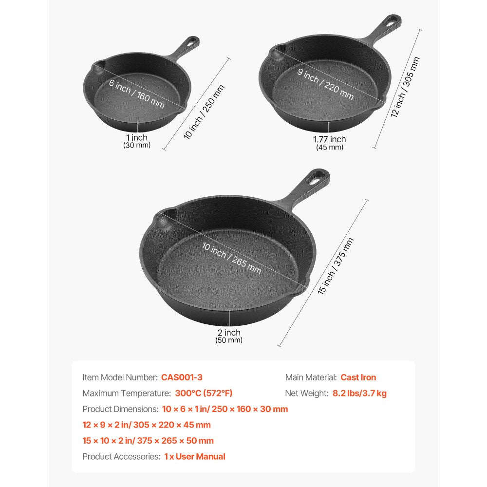 3Pcs Cast Iron Skillet Frying Pan Set 160 220 265 mm Handle Seasoned Black