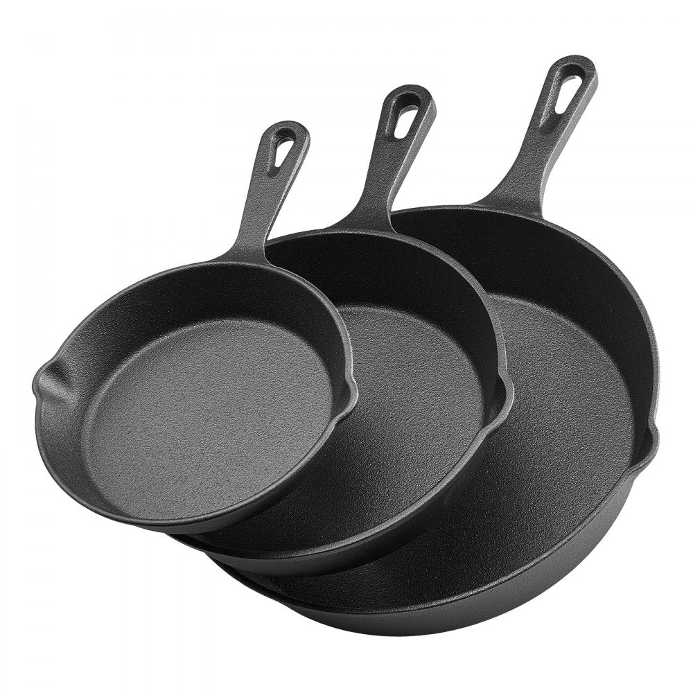3Pcs Cast Iron Skillet Frying Pan Set 160 220 265 mm Handle Seasoned Black