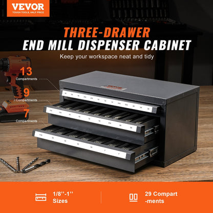 Three-Drawer Steel End Mill Organizer Cabinet, 29 Compartments, 375 x 200 x 200 mm