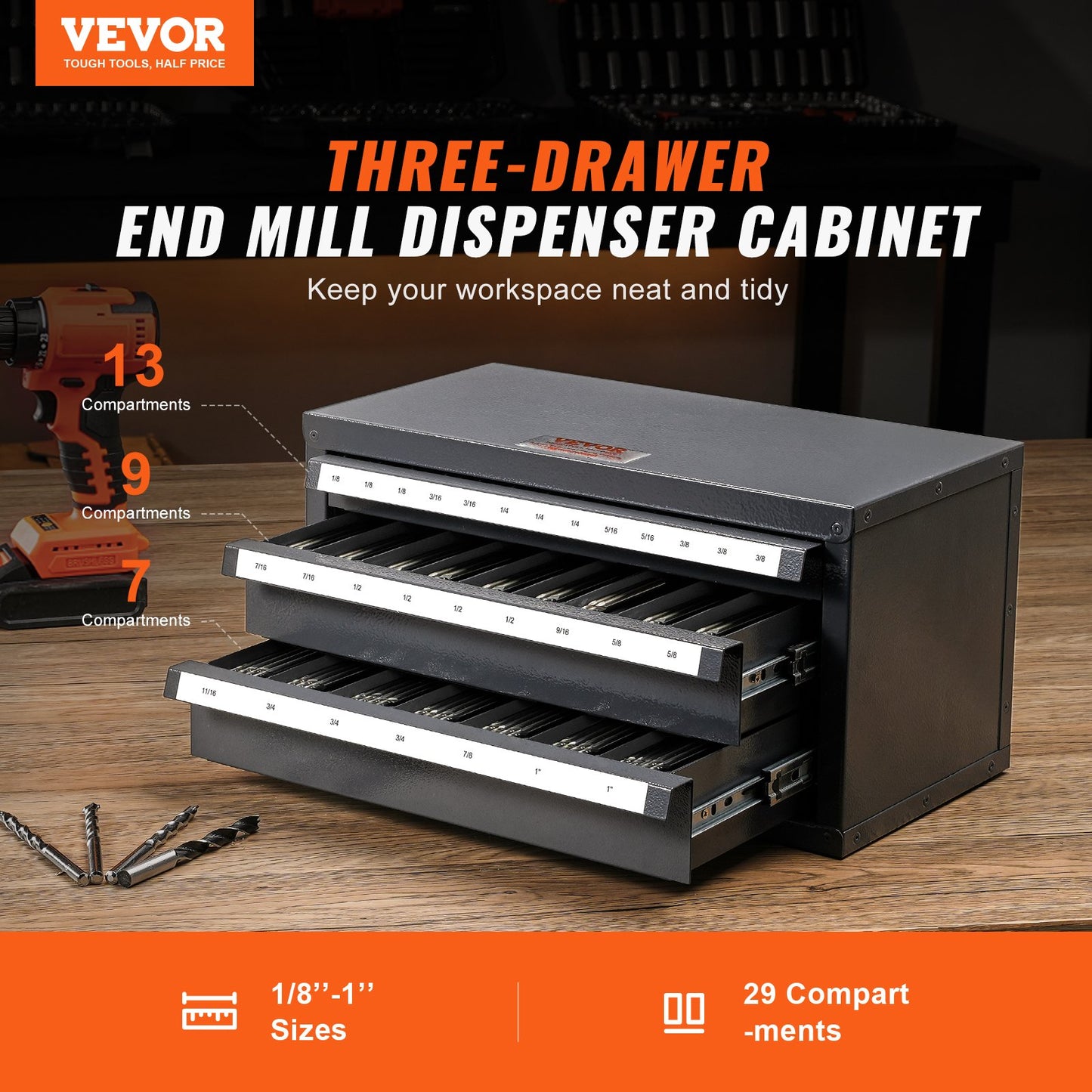 VEVOR End Mill Dispenser Cabinet, Three-Drawer End Mill Organizer Cabinet for 1/8"
