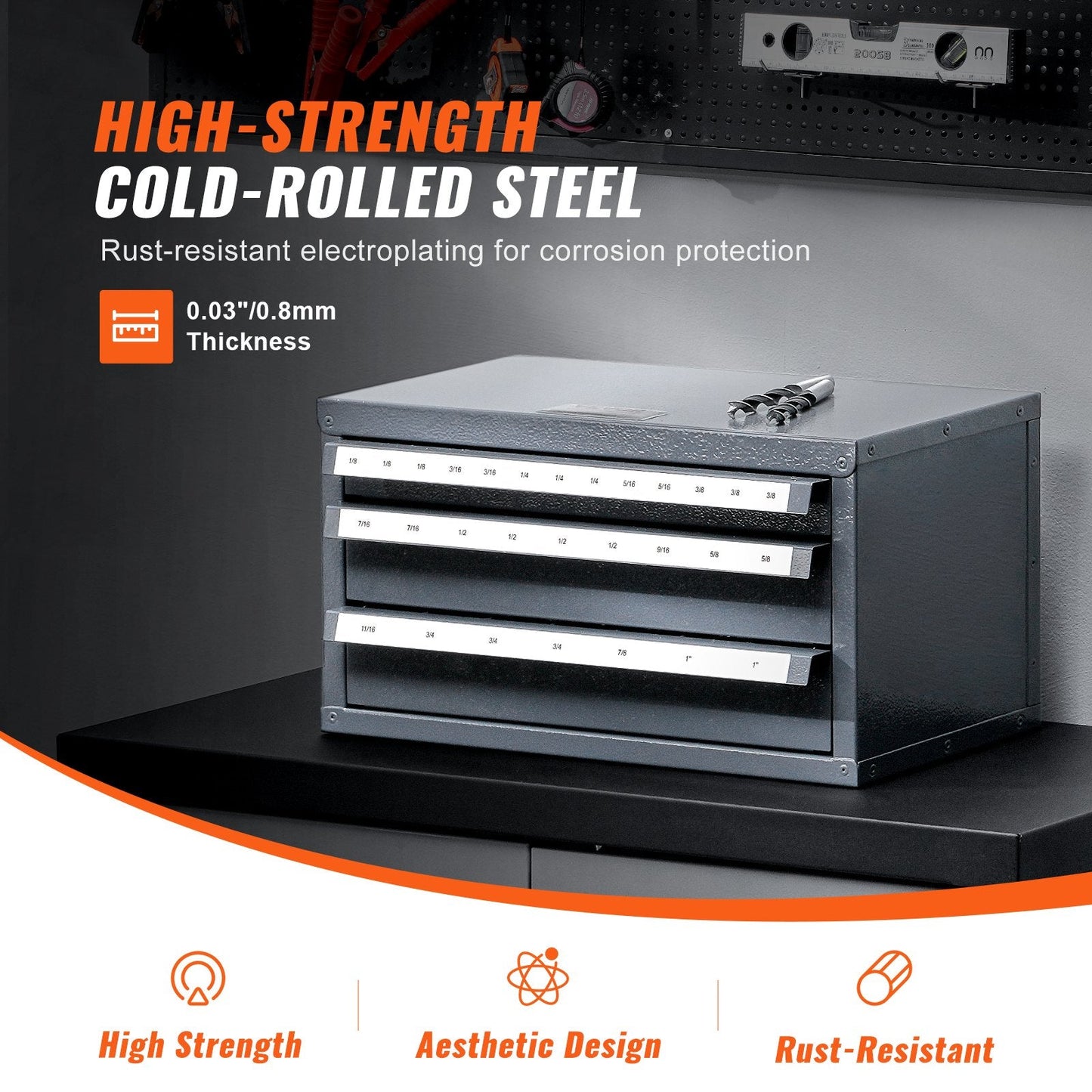 Three-Drawer Steel End Mill Organizer Cabinet, 29 Compartments, 375 x 200 x 200 mm