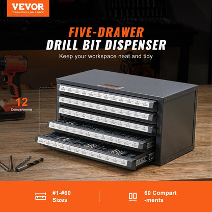 Five-Drawer Drill Bit Organizer Cabinet with Labels, Steel, Stackable, Gray