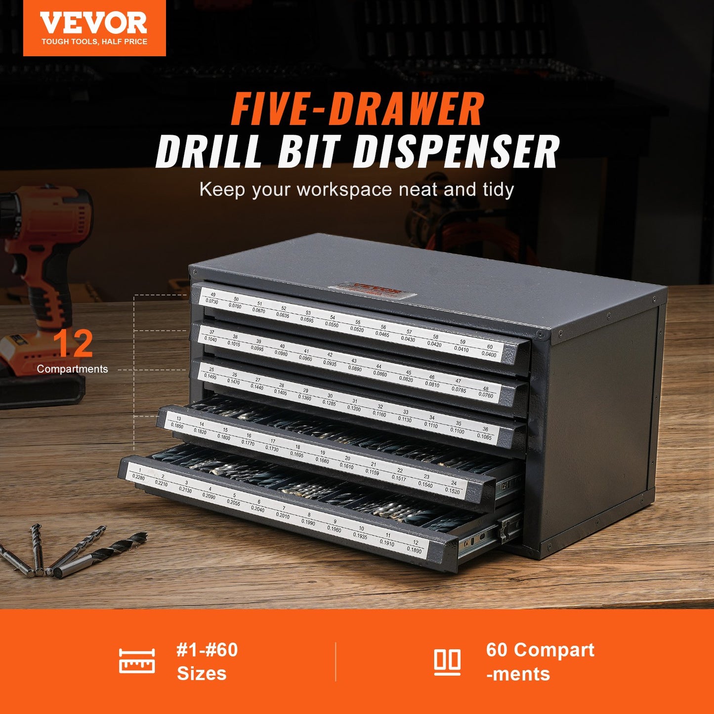 VEVOR Drill Bit Dispenser Cabinet, Five-Drawer Drill Bit Organizer Cabinet for #1