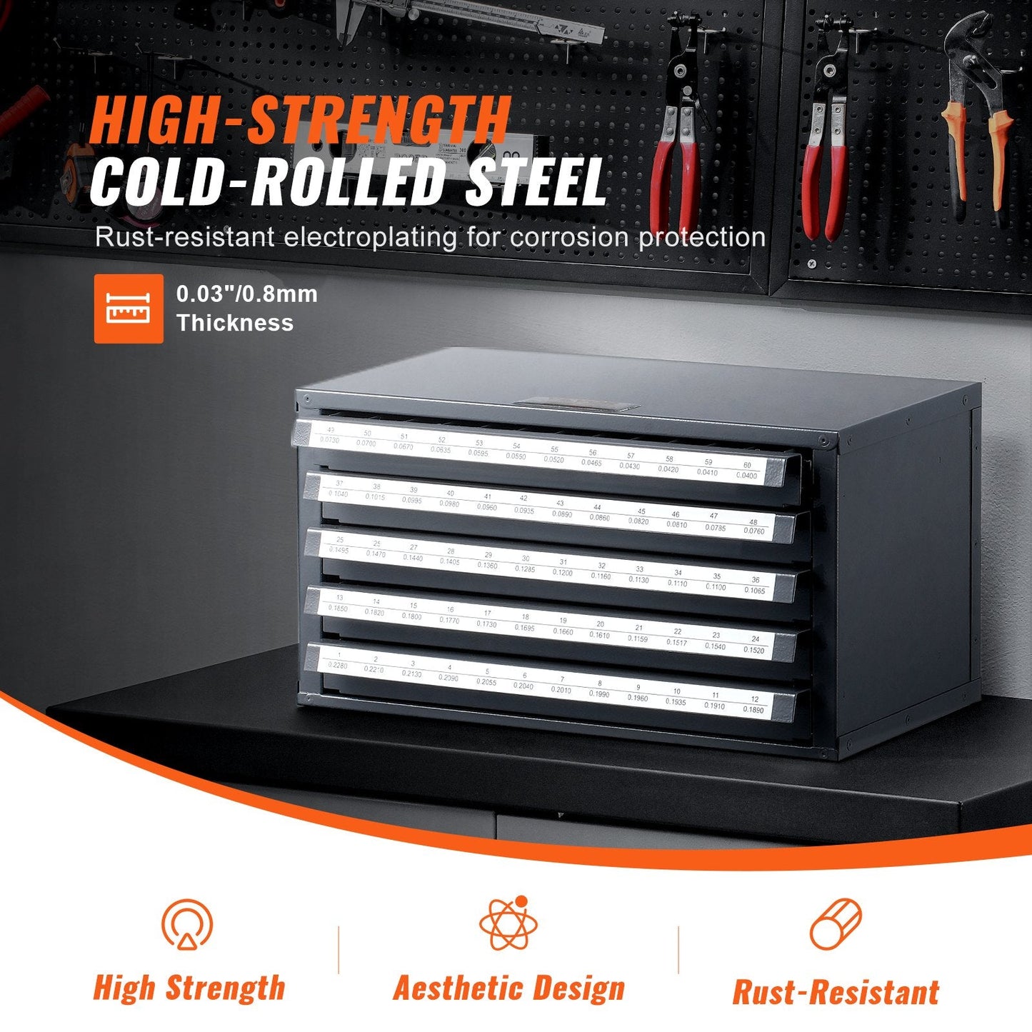 Five-Drawer Drill Bit Organizer Cabinet with Labels, Steel, Stackable, Gray