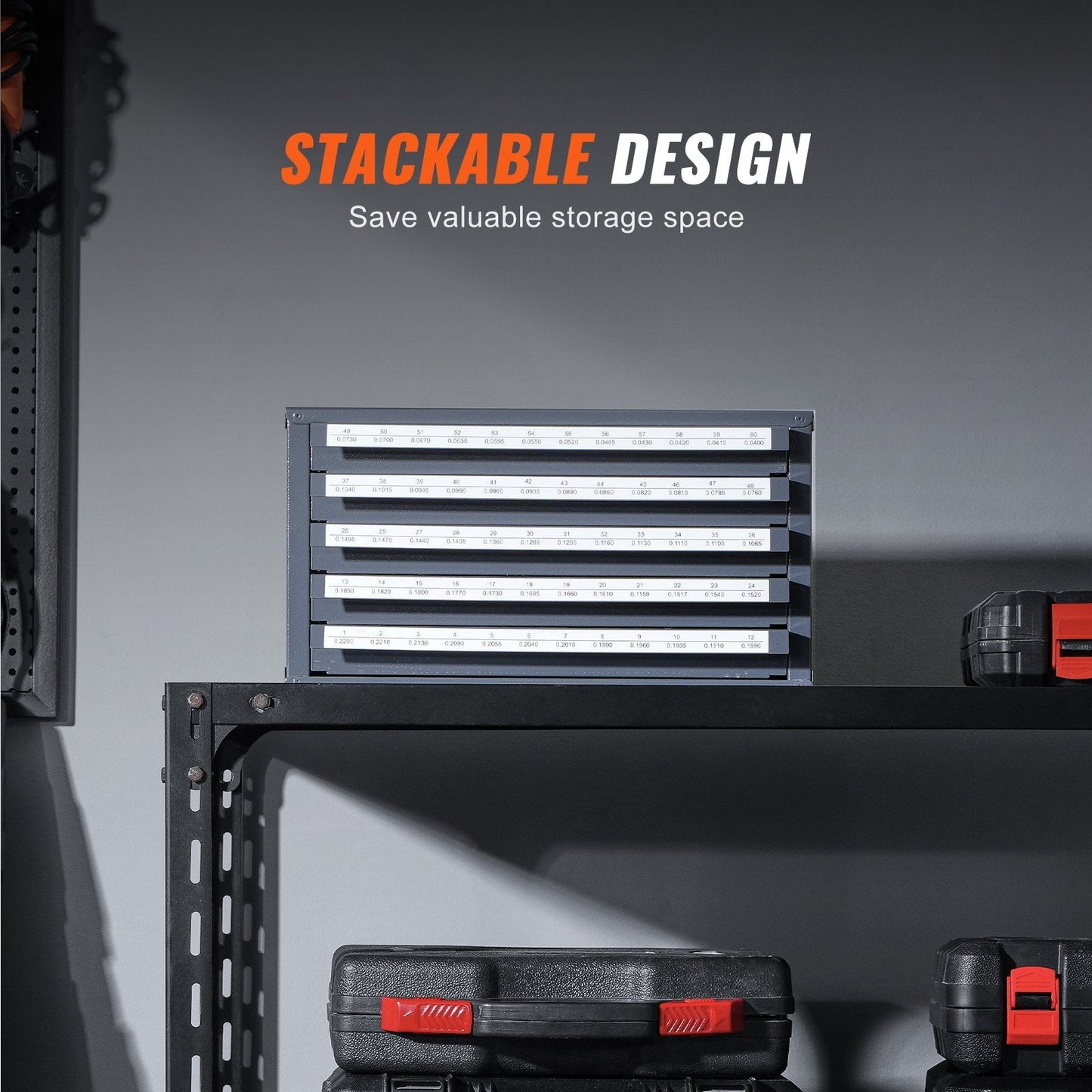 Five-Drawer Drill Bit Organizer Cabinet with Labels, Steel, Stackable, Gray