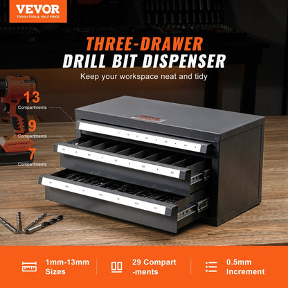Three-Drawer Drill Bit Organizer Cabinet, Steel, 1mm-13mm, Stackable Design