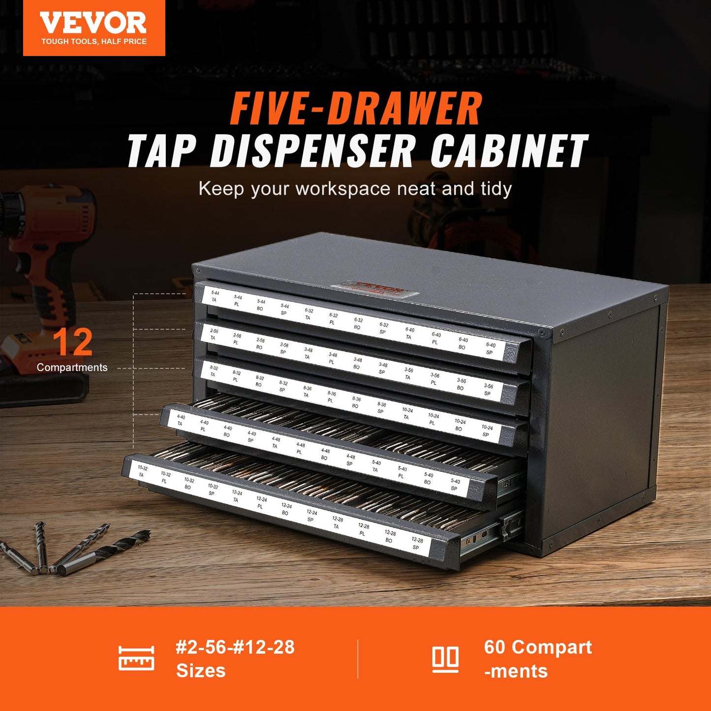 VEVOR Tap Dispenser Cabinet, Five-Drawer Tap Organizer Cabinet for #2-56-#12-28