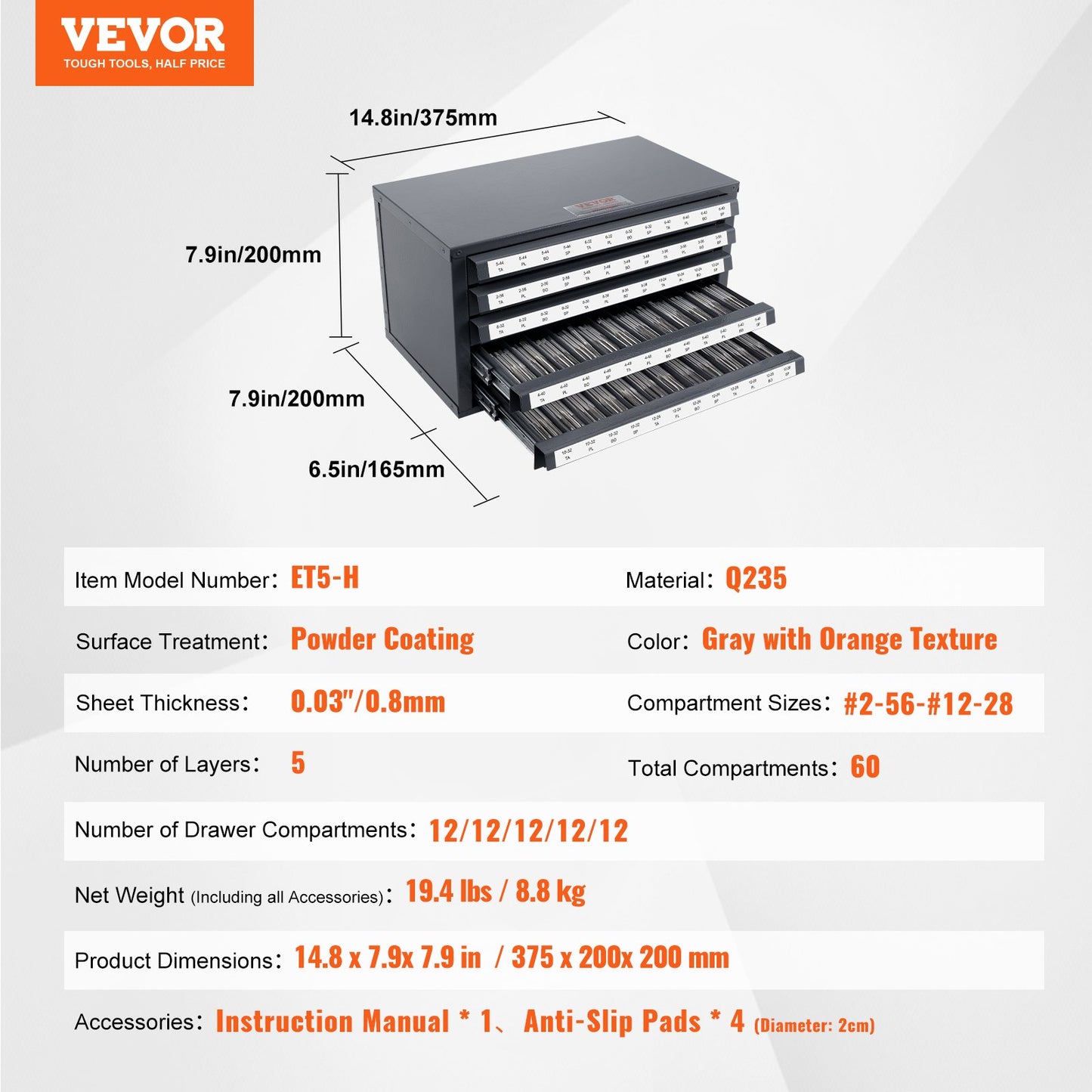 VEVOR Tap Dispenser Cabinet, Five-Drawer Tap Organizer Cabinet for #2-56-#12-28
