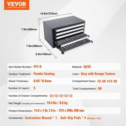 VEVOR Tap Dispenser Cabinet, Five-Drawer Tap Organizer Cabinet for #2-56-#12-28