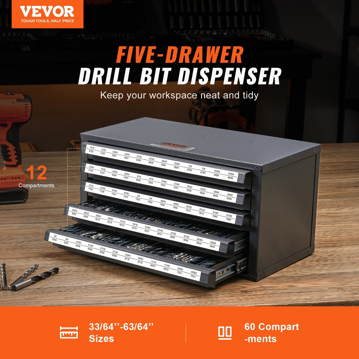 VEVOR Drill Bit Dispenser Cabinet, Five-Drawer Drill Bit Organizer Cabinet for 33/64"