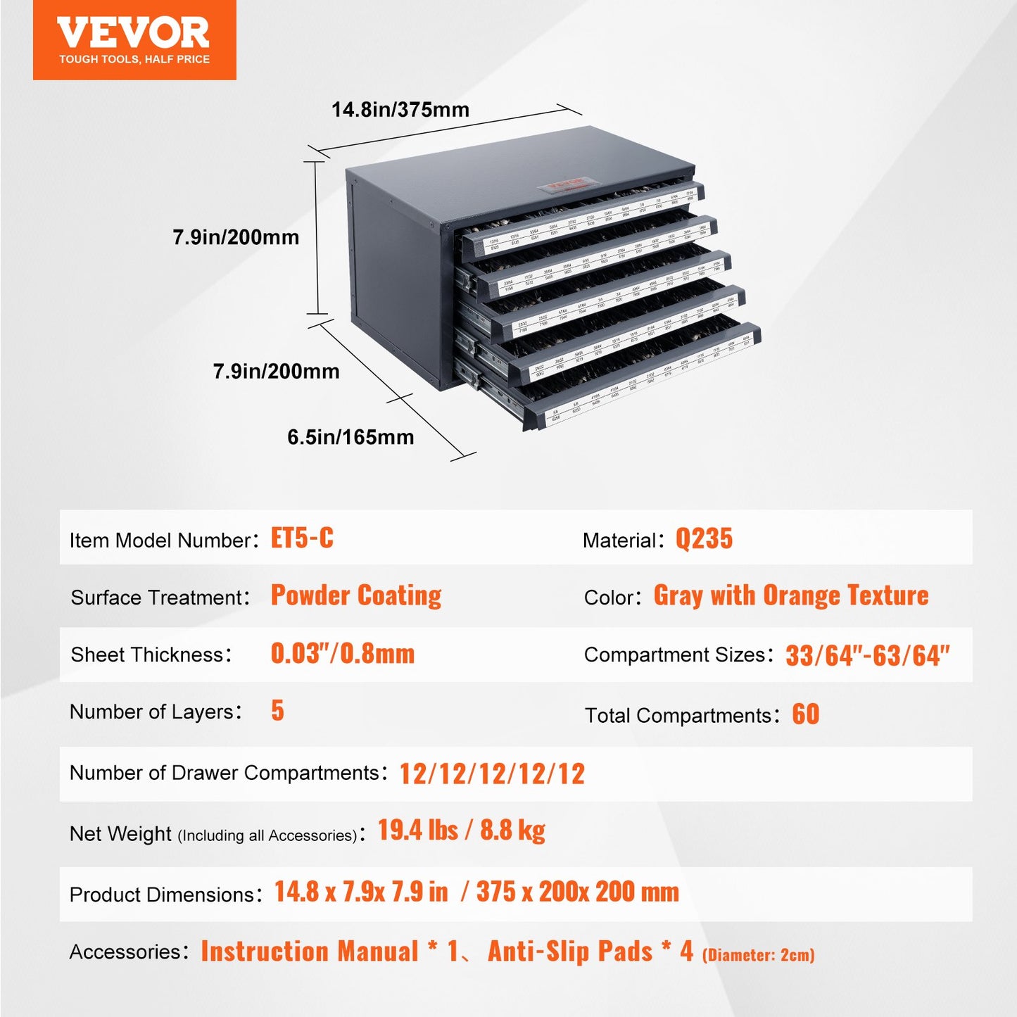VEVOR Drill Bit Dispenser Cabinet, Five-Drawer Drill Bit Organizer Cabinet for 33/64"
