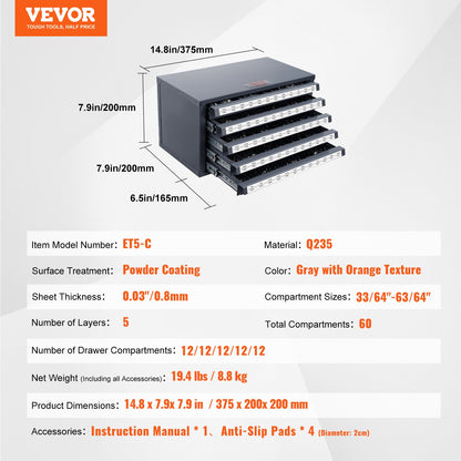 VEVOR Drill Bit Dispenser Cabinet, Five-Drawer Drill Bit Organizer Cabinet for 33/64"