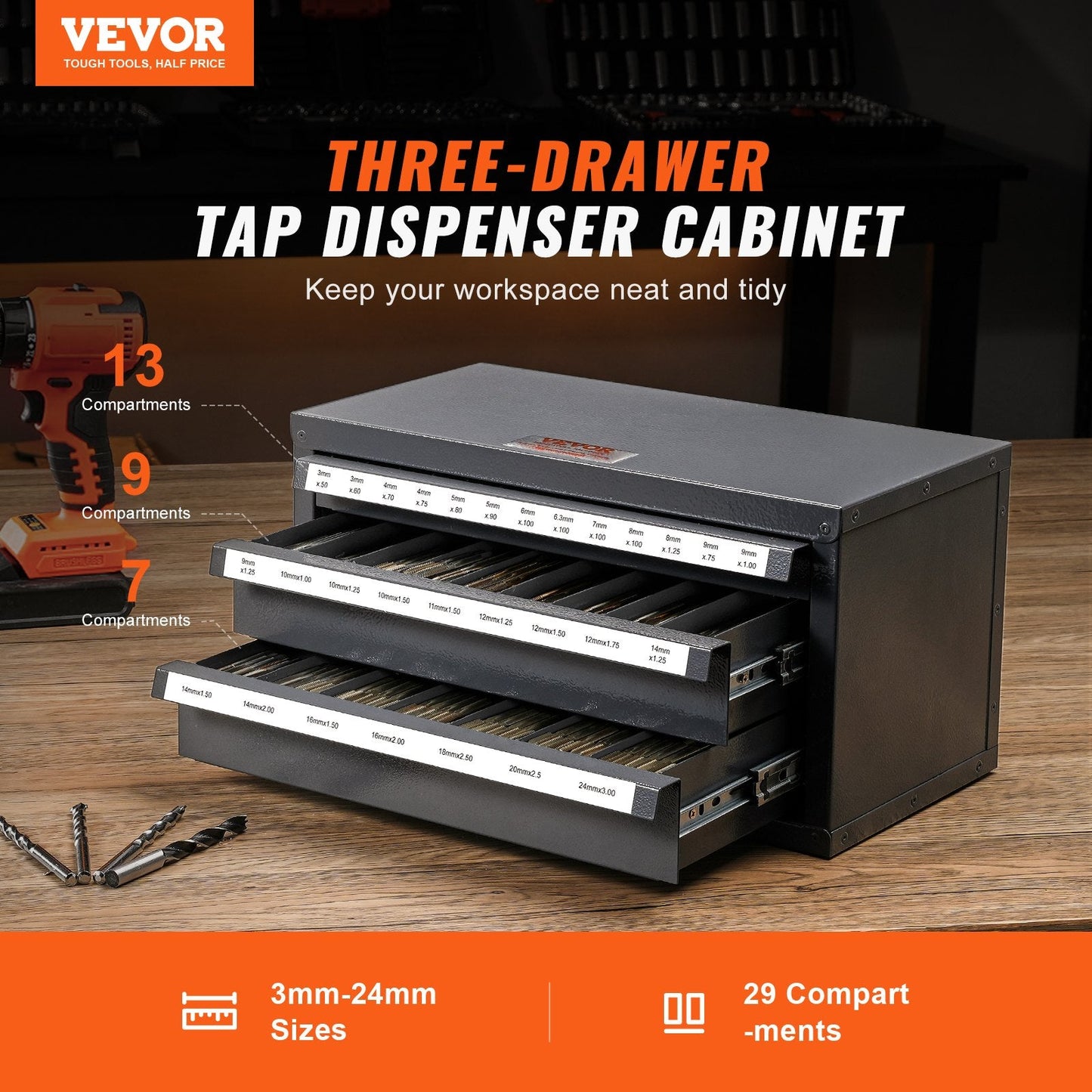 Three-Drawer Tap Organizer Cabinet with 29 Compartments for 3mm-24mm Tools
