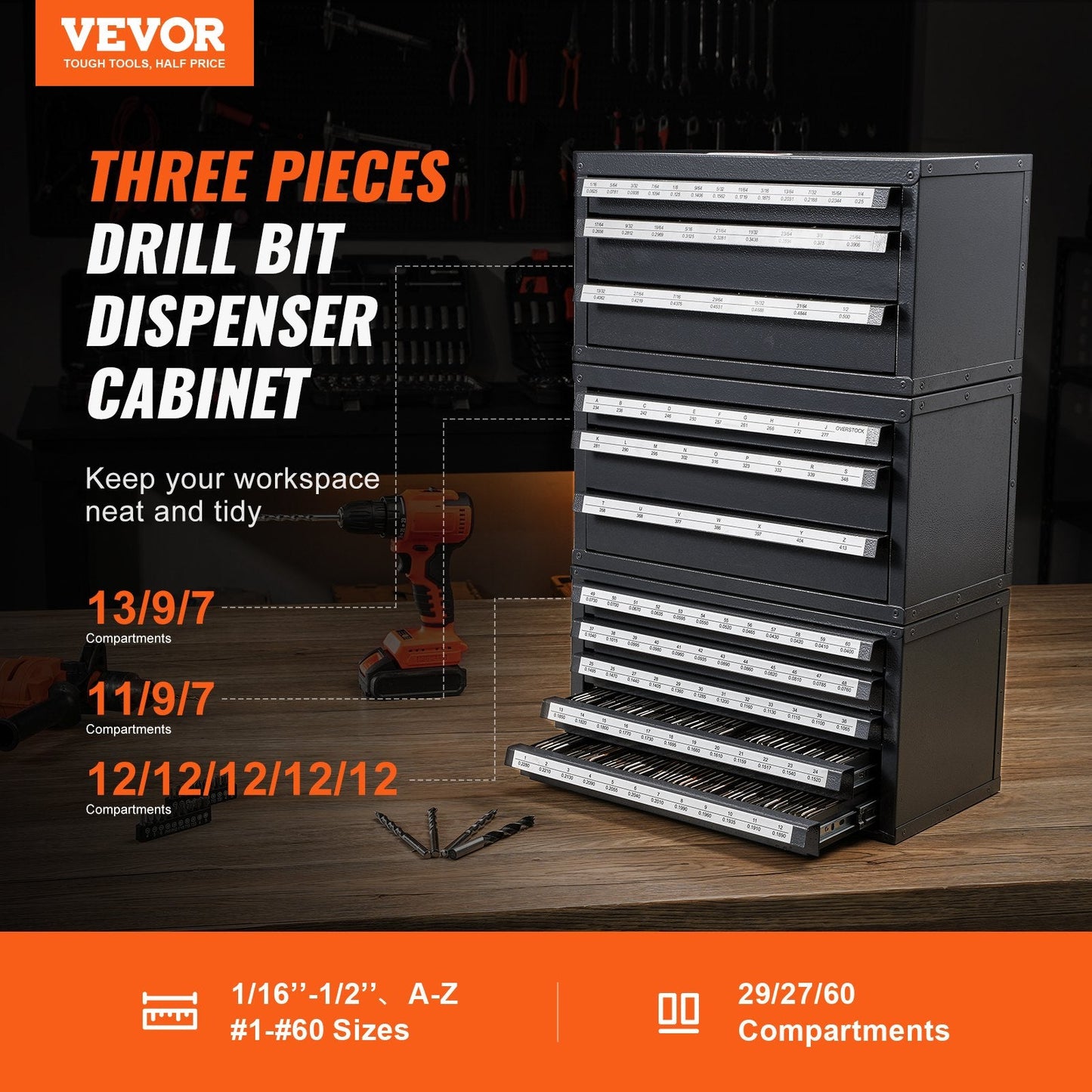 Drill Bit Organizer Cabinet with Three Drawers for Multiple Sizes, Gray/Orange