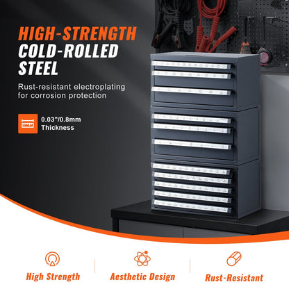 Drill Bit Organizer Cabinet with Three Drawers for Multiple Sizes, Gray/Orange