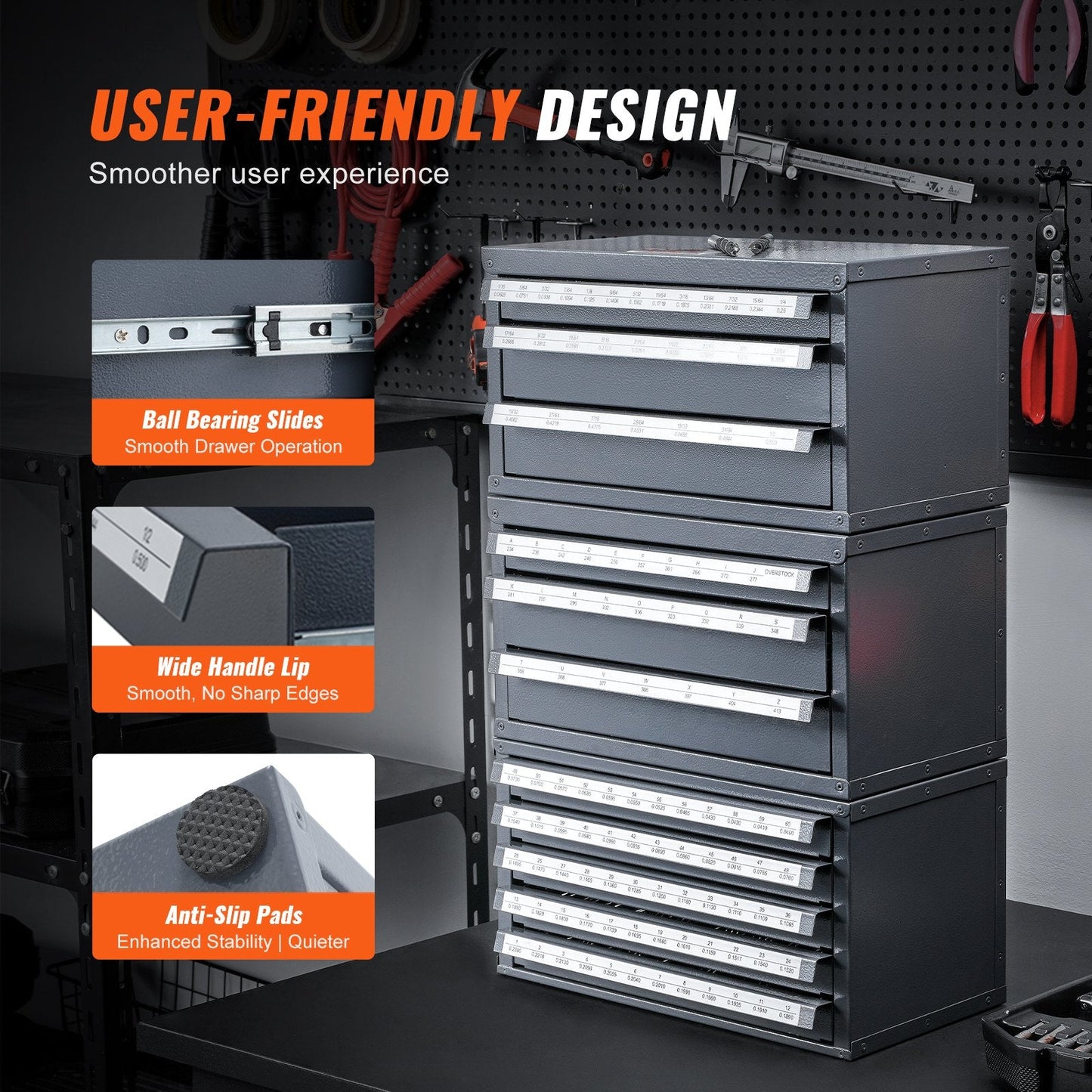 Drill Bit Organizer Cabinet with Three Drawers for Multiple Sizes, Gray/Orange