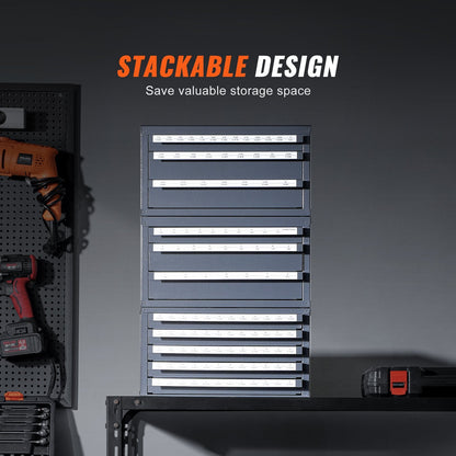 Drill Bit Organizer Cabinet with Three Drawers for Multiple Sizes, Gray/Orange