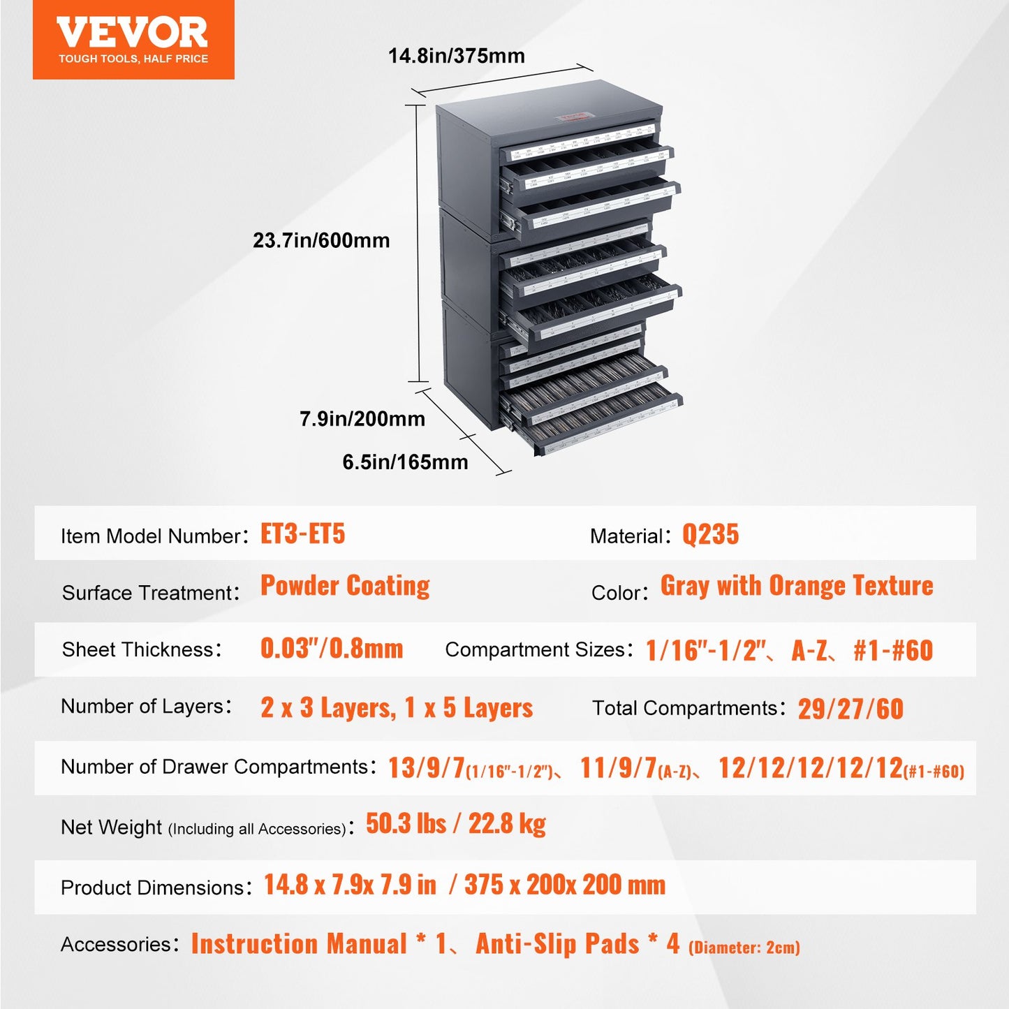 VEVOR Drill Bit Dispenser Cabinet, 3 Pieces Three-Drawer for 1/16" to 1/2" & Letter