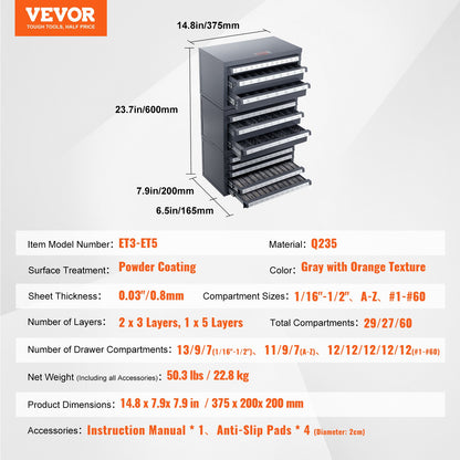 VEVOR Drill Bit Dispenser Cabinet, 3 Pieces Three-Drawer for 1/16" to 1/2" & Letter