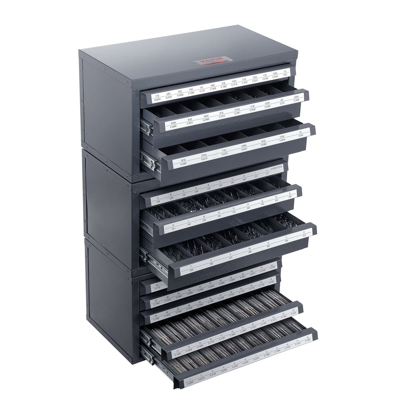 Drill Bit Organizer Cabinet with Three Drawers for Multiple Sizes, Gray/Orange