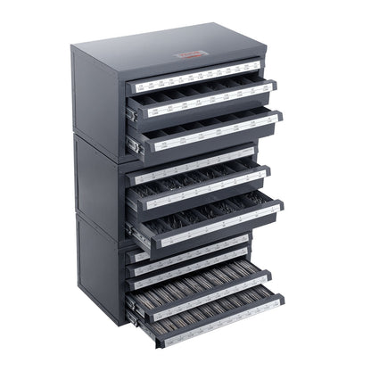 Drill Bit Organizer Cabinet with Three Drawers for Multiple Sizes, Gray/Orange