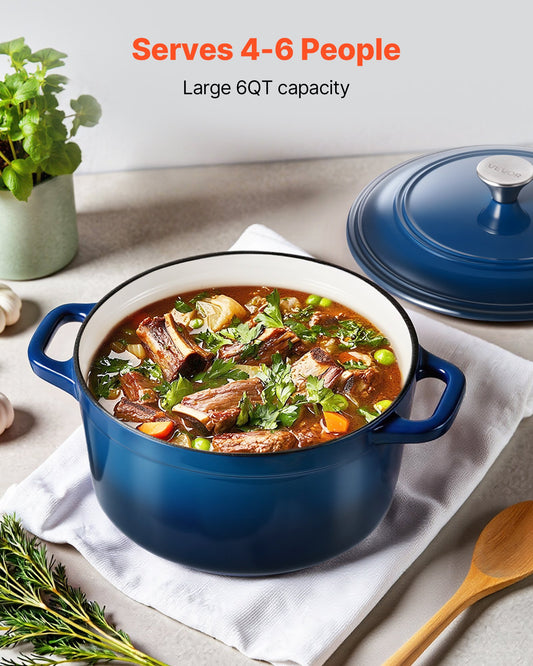 Enameled Cast Iron Dutch Oven, 5.7L Pot with Lid and Dual Handles, Heavy-Duty Durable Cookware Pan, Oven Induction Compatible up to 260 ℃, for Braising, Stews, Roasting, Bread Baking, Blue