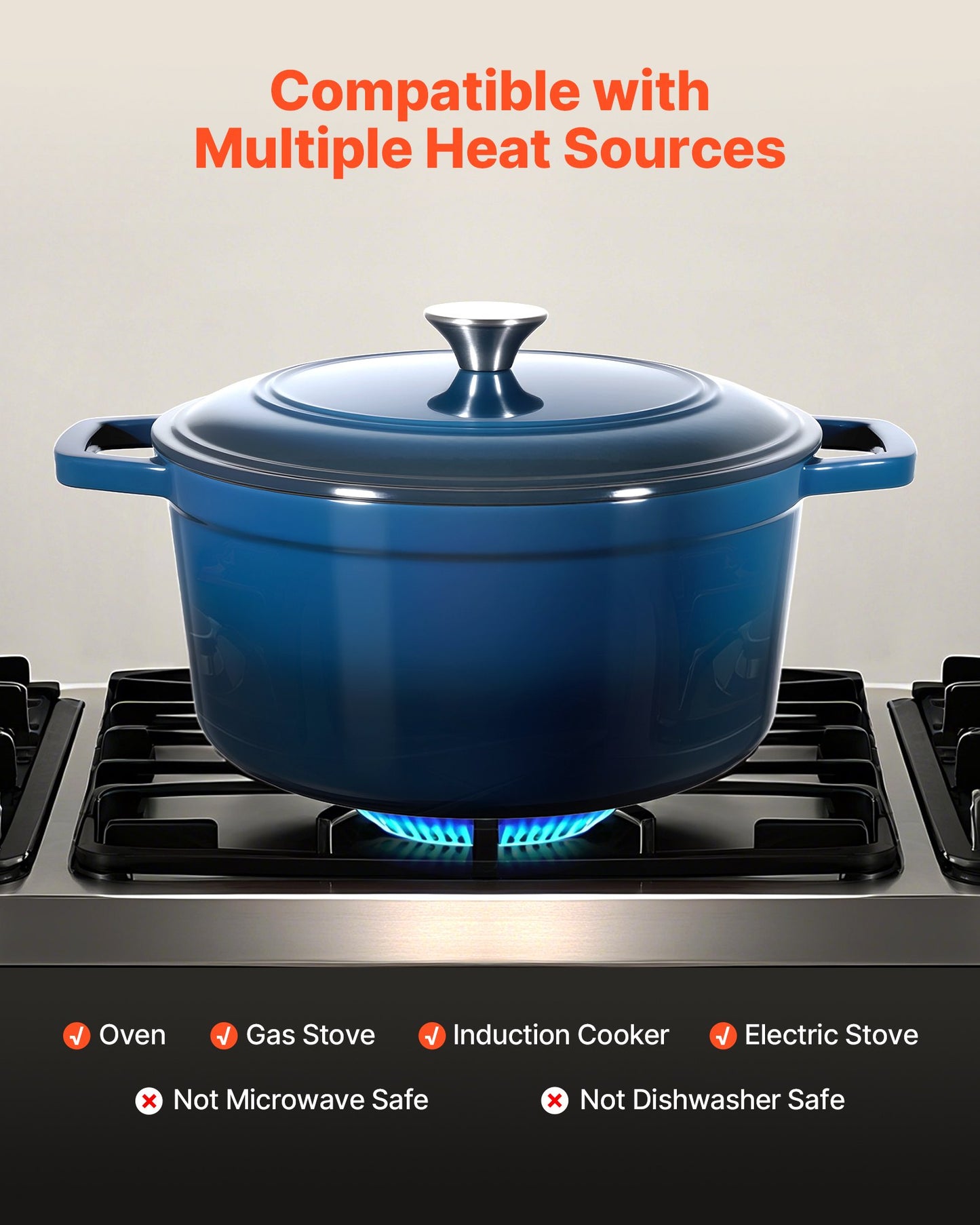 Enameled Cast Iron Dutch Oven, 5.7L Pot with Lid and Dual Handles, Heavy-Duty Durable Cookware Pan, Oven Induction Compatible up to 260 ℃, for Braising, Stews, Roasting, Bread Baking, Blue