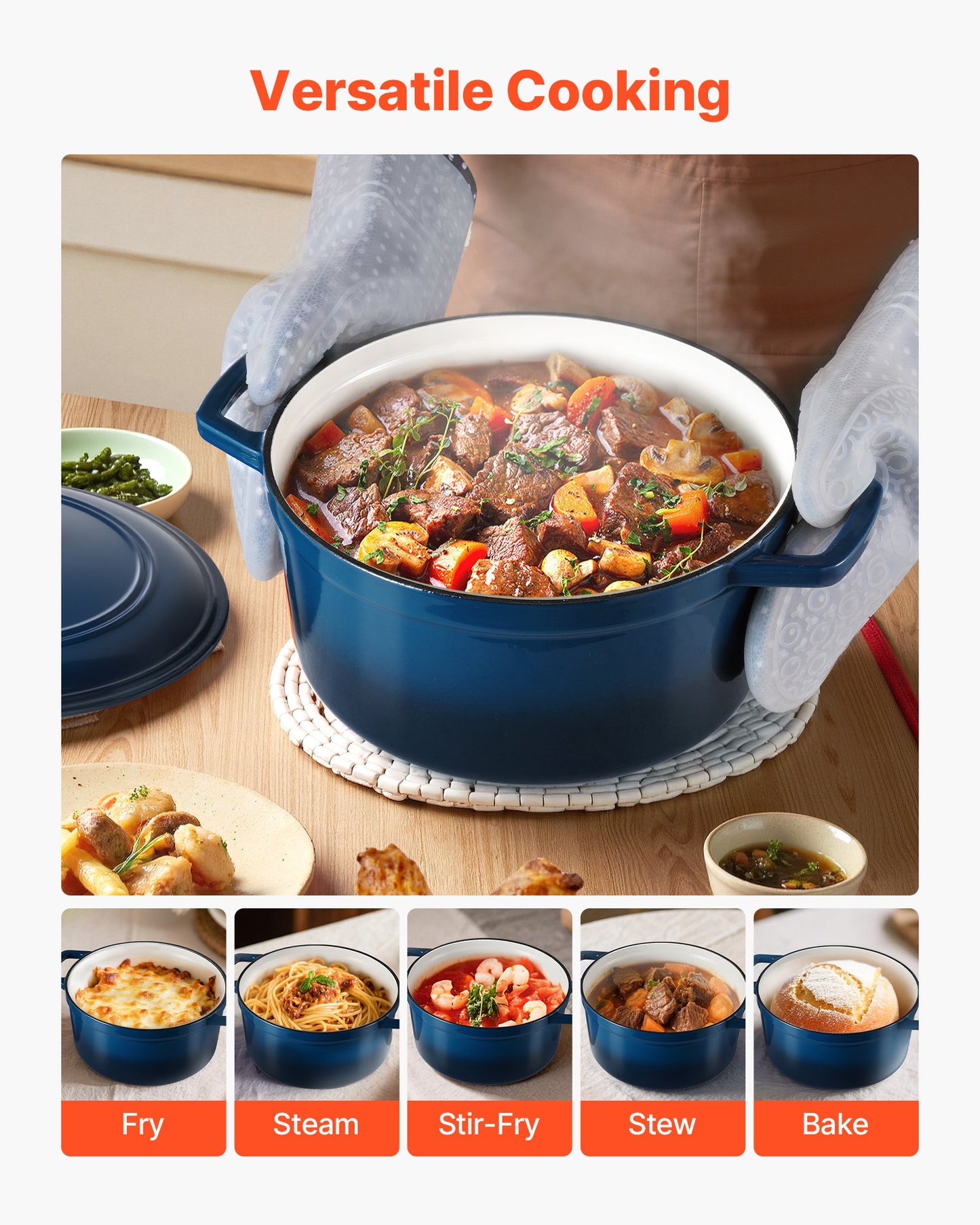 Enameled Cast Iron Dutch Oven, 5.7L Pot with Lid and Dual Handles, Heavy-Duty Durable Cookware Pan, Oven Induction Compatible up to 260 ℃, for Braising, Stews, Roasting, Bread Baking, Blue