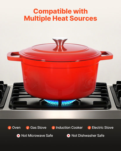 Enameled Cast Iron Dutch Oven, 5.7L Pot with Lid and Dual Handles, Heavy-Duty Durable Cookware Pan, Oven Induction Compatible up to 260 ℃, for Braising, Stews, Roasting, Bread Baking, Red