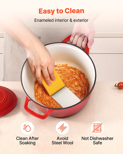 Enameled Cast Iron Dutch Oven, 5.7L Pot with Lid and Dual Handles, Heavy-Duty Durable Cookware Pan, Oven Induction Compatible up to 260 ℃, for Braising, Stews, Roasting, Bread Baking, Red