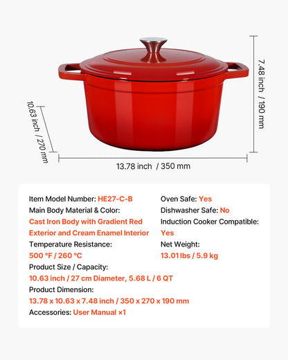 Enameled Cast Iron Dutch Oven, 5.7L Pot with Lid and Dual Handles, Heavy-Duty Durable Cookware Pan, Oven Induction Compatible up to 260 ℃, for Braising, Stews, Roasting, Bread Baking, Red