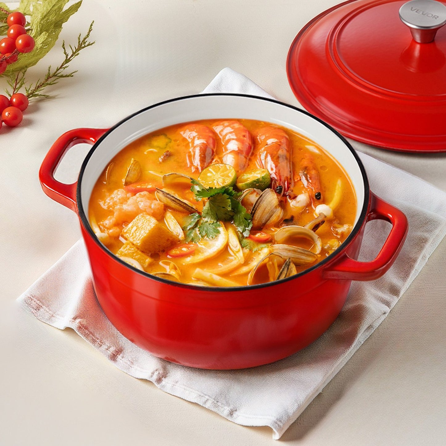 Enameled Cast Iron Dutch Oven, 5.7L Pot with Lid and Dual Handles, Heavy-Duty Durable Cookware Pan, Oven Induction Compatible up to 260 ℃, for Braising, Stews, Roasting, Bread Baking, Red