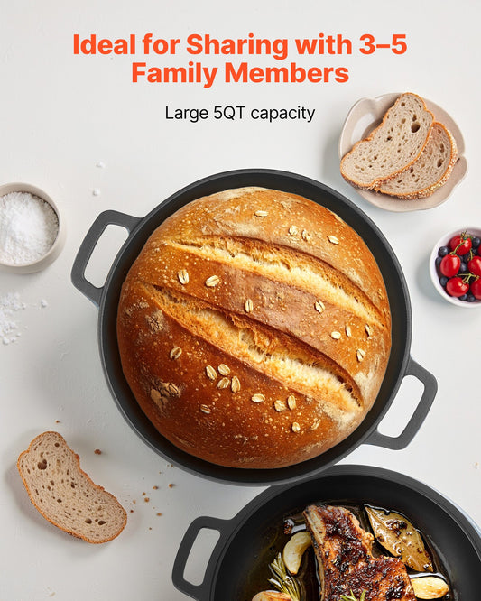 Cast Iron Dutch Oven, 2-in-1 Pre-Seasoned Pot with Skillet Lid, 4.7L Cookware Pan with Proofing Basket, Bread Baking Accessories, Bread-Oven Compatible 260 ℃