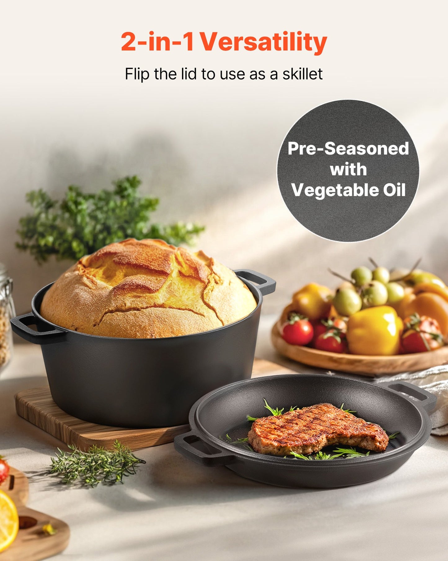 Cast Iron Dutch Oven, 2-in-1 Pre-Seasoned Pot with Skillet Lid, 4.7L Cookware Pan with Proofing Basket, Bread Baking Accessories, Bread-Oven Compatible 260 ℃