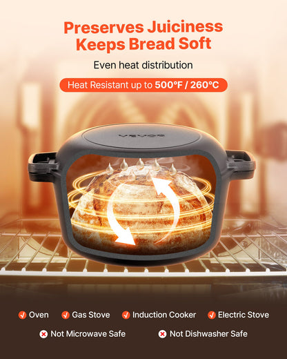 Cast Iron Dutch Oven, 2-in-1 Pre-Seasoned Pot with Skillet Lid, 4.7L Cookware Pan with Proofing Basket, Bread Baking Accessories, Bread-Oven Compatible 260 ℃