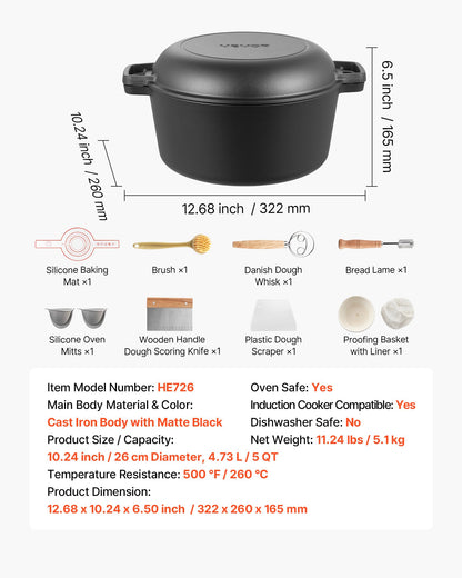 Cast Iron Dutch Oven, 2-in-1 Pre-Seasoned Pot with Skillet Lid, 4.7L Cookware Pan with Proofing Basket, Bread Baking Accessories, Bread-Oven Compatible 260 ℃